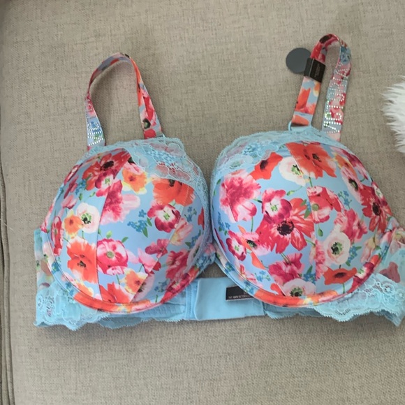 Victoria Secret Bra Bombshell Push Up Blue Pink Floral Shine Strap Logo NWT